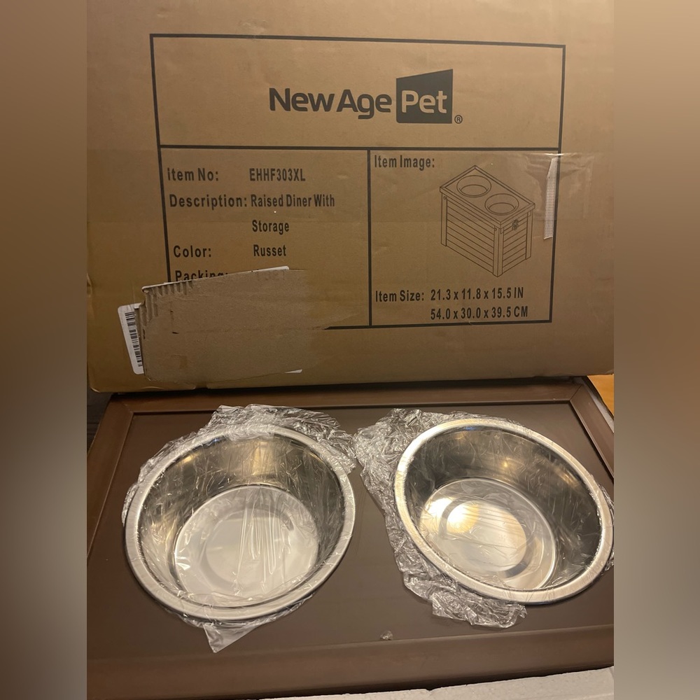 A dog bowl. Raised dinner with storage
